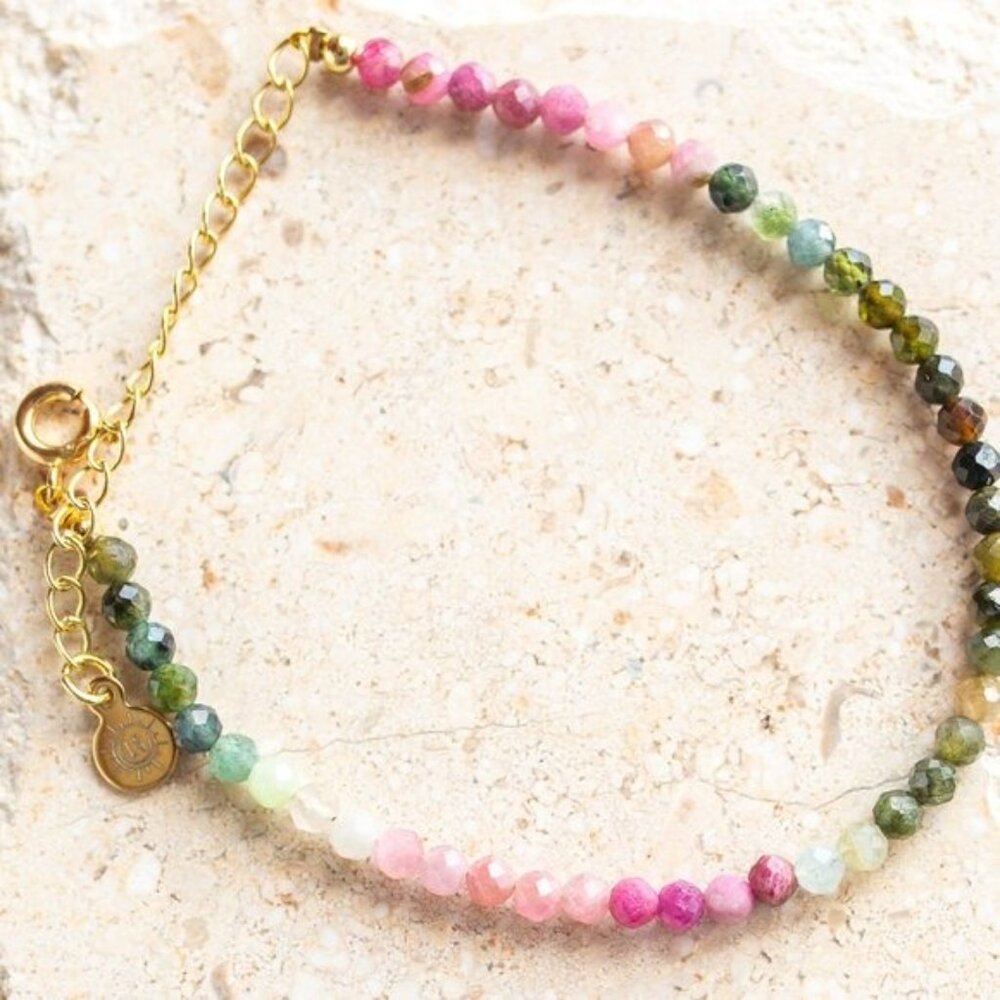 Gemstone Watermelon Tourmaline Bracelet Waterproof Non Tarnish Gold Gift for Her - Picture 5 of 10